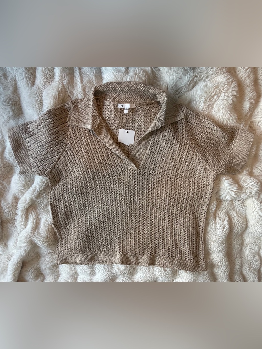 NWT DR2 Nordstrom 2X Metallic Gold Open Knit Short Sleeve Polo Sweater
